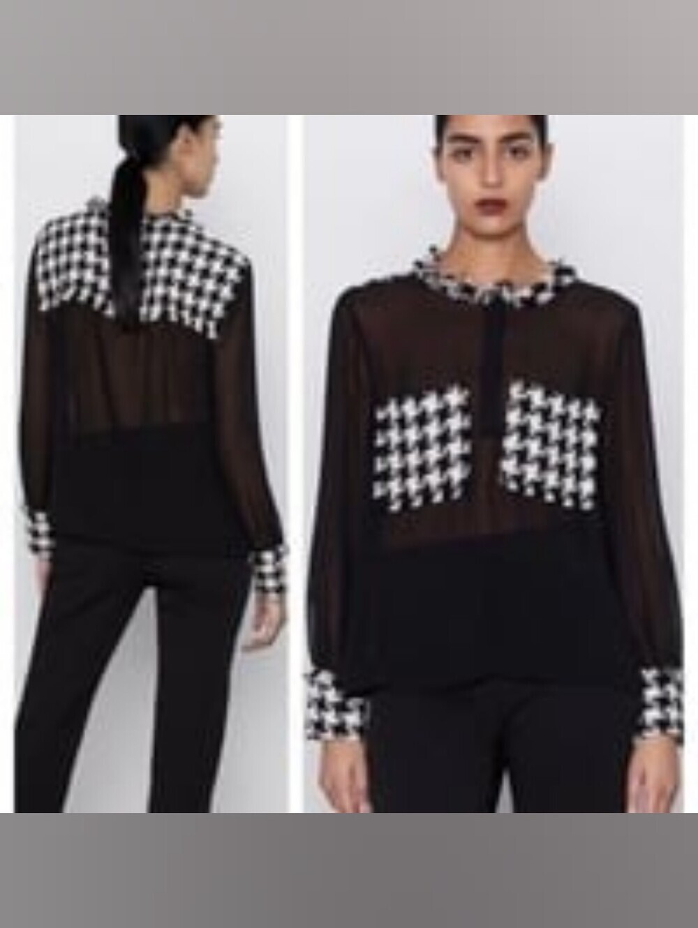 Zara Black Sheer Blouse with Black-and-White Houndstooth Panels